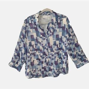 Alfred Dunner Pixel Print Sheer Blouse Med – Blue/Purple Geometric Abstract Y2